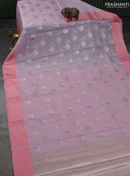 Cotton zari kota saree lavender and peach pink with zari woven floral buttas and simple border