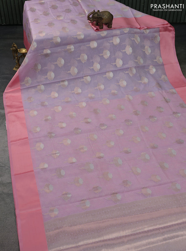 Cotton zari kota saree lavender and peach pink with zari woven floral buttas and simple border