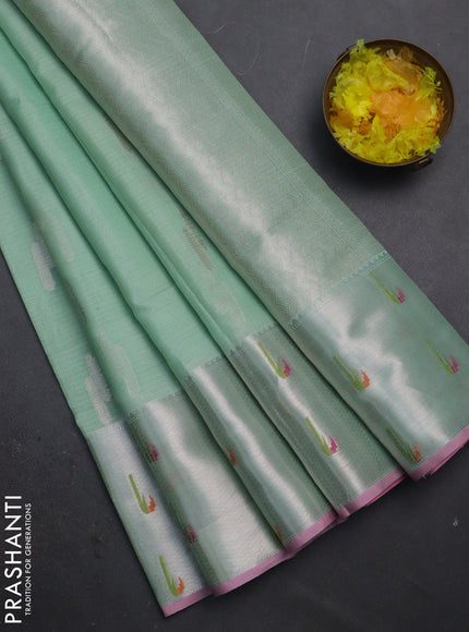 Cotton zari kota saree teal green and light pink with silver zari woven buttas and silver zari woven muniya butta border