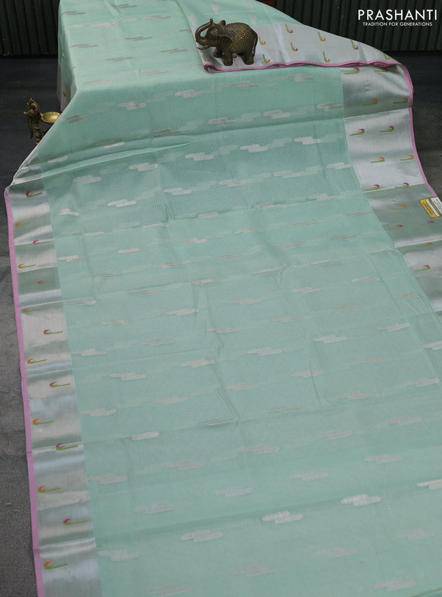 Cotton zari kota saree teal green and light pink with silver zari woven buttas and silver zari woven muniya butta border