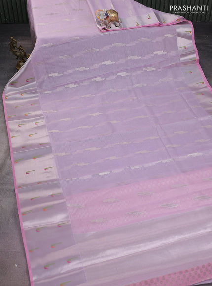 Cotton zari kota saree lavender and light pink with silver zari woven buttas and silver zari woven muniya butta border