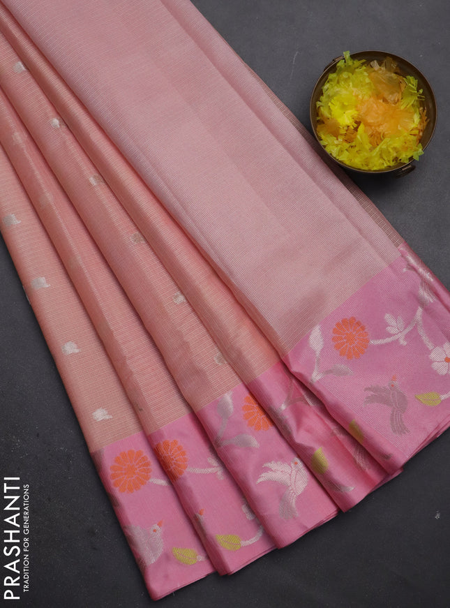Cotton zari kota saree peach shade and light pink with zari woven buttas and silver zari woven border