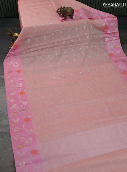 Cotton zari kota saree peach shade and light pink with zari woven buttas and silver zari woven border