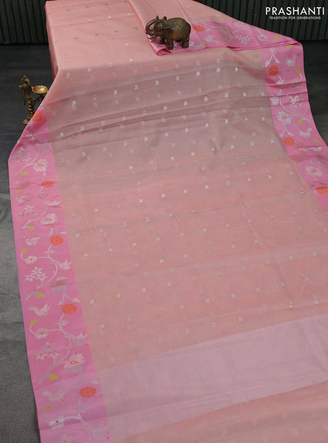Cotton zari kota saree peach shade and light pink with zari woven buttas and silver zari woven border