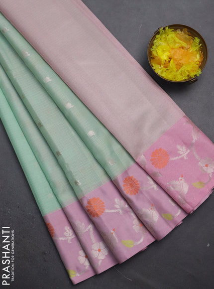Cotton zari kota saree teal green and light pink with zari woven buttas and silver zari woven border