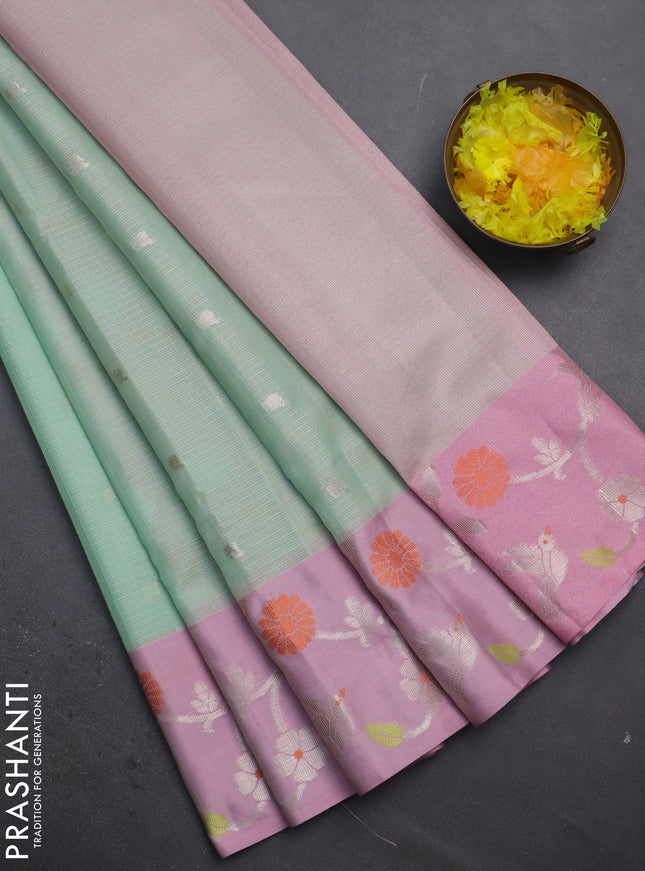Cotton zari kota saree teal green and light pink with zari woven buttas and silver zari woven border
