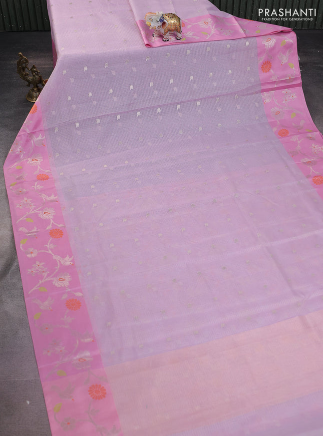 Cotton zari kota saree lavender and light pink with zari woven buttas and silver zari woven border