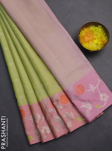 Cotton zari kota saree pista green and peach pink with zari woven buttas and silver zari woven border