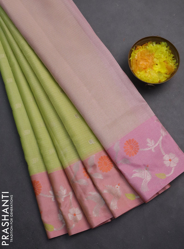 Cotton zari kota saree pista green and peach pink with zari woven buttas and silver zari woven border