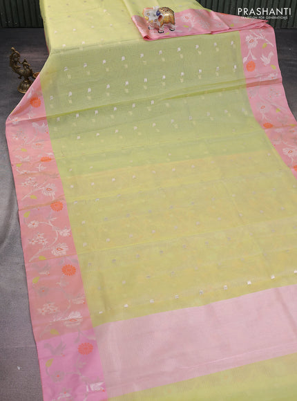 Cotton zari kota saree pista green and peach pink with zari woven buttas and silver zari woven border