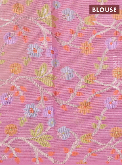 Cotton zari kota saree pista green and peach pink with zari woven buttas and silver zari woven border