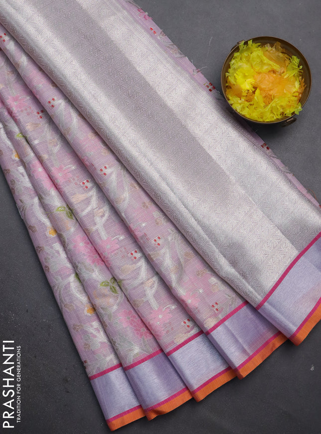Cotton zari kota saree lavender and orange with allover thread & silver weaves and silver zari woven border