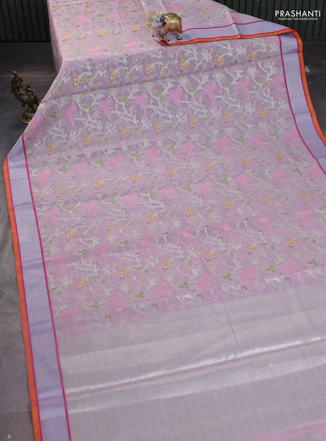 Cotton zari kota saree lavender and orange with allover thread & silver weaves and silver zari woven border