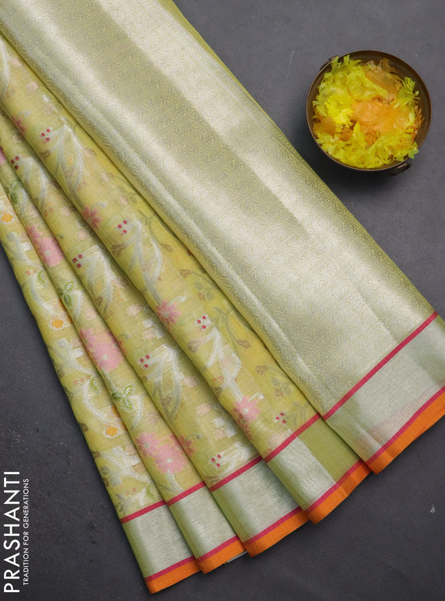 Cotton zari kota saree lime yellow and orange with allover thread & silver weaves and silver zari woven border