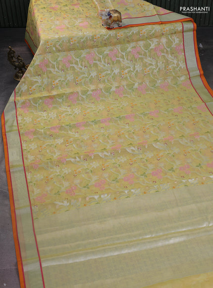 Cotton zari kota saree lime yellow and orange with allover thread & silver weaves and silver zari woven border