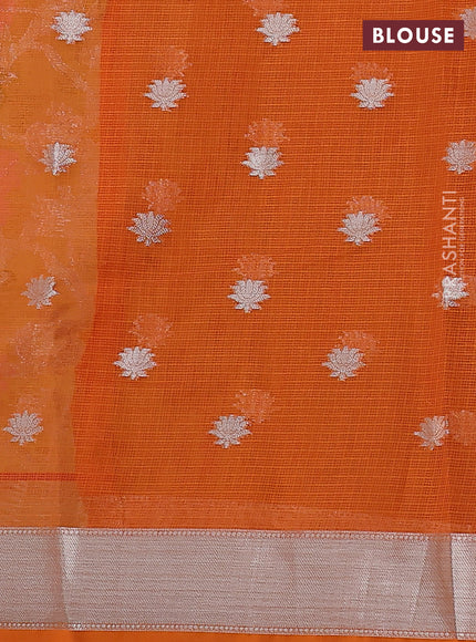 Cotton zari kota saree lime yellow and orange with allover thread & silver weaves and silver zari woven border