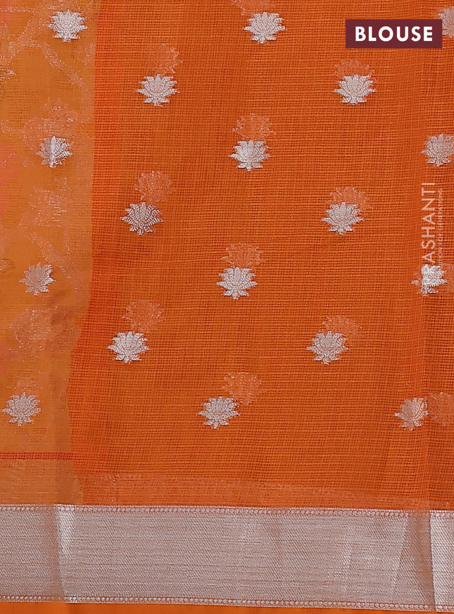 Cotton zari kota saree lime yellow and orange with allover thread & silver weaves and silver zari woven border
