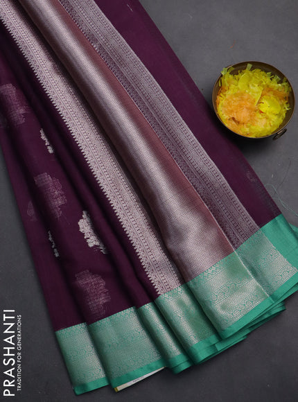 Cotton zari kota saree deep purple and teal green with zari woven buttas and silver zari woven border