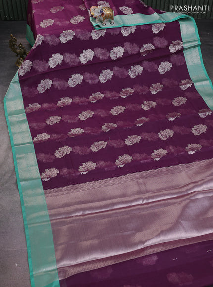 Cotton zari kota saree deep purple and teal green with zari woven buttas and silver zari woven border