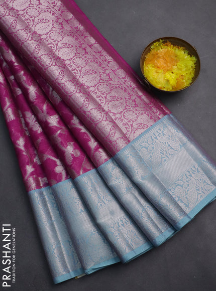 Cotton zari kota saree purple and light blue with allover zari woven brocade weaves and silver zari woven border