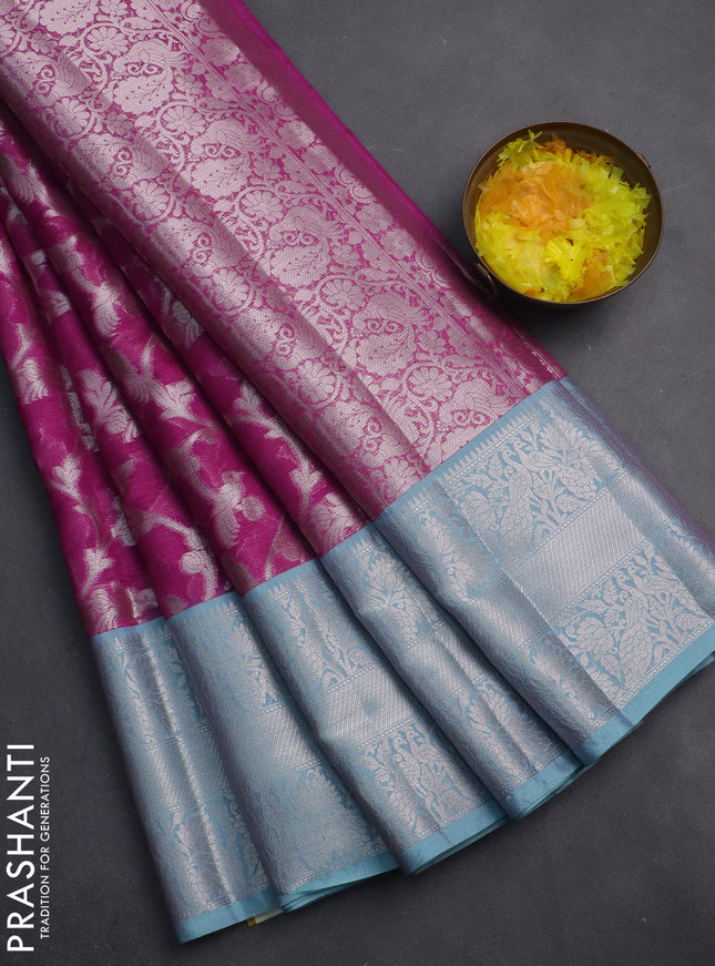 Cotton zari kota saree purple and light blue with allover zari woven brocade weaves and silver zari woven border