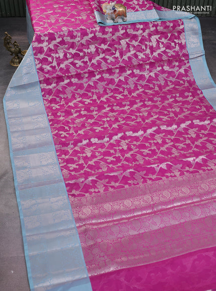 Cotton zari kota saree purple and light blue with allover zari woven brocade weaves and silver zari woven border