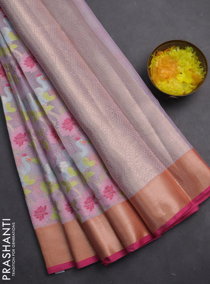 Cotton zari kota saree lavender and pink with allover thread & silver zari weaves and zari woven border