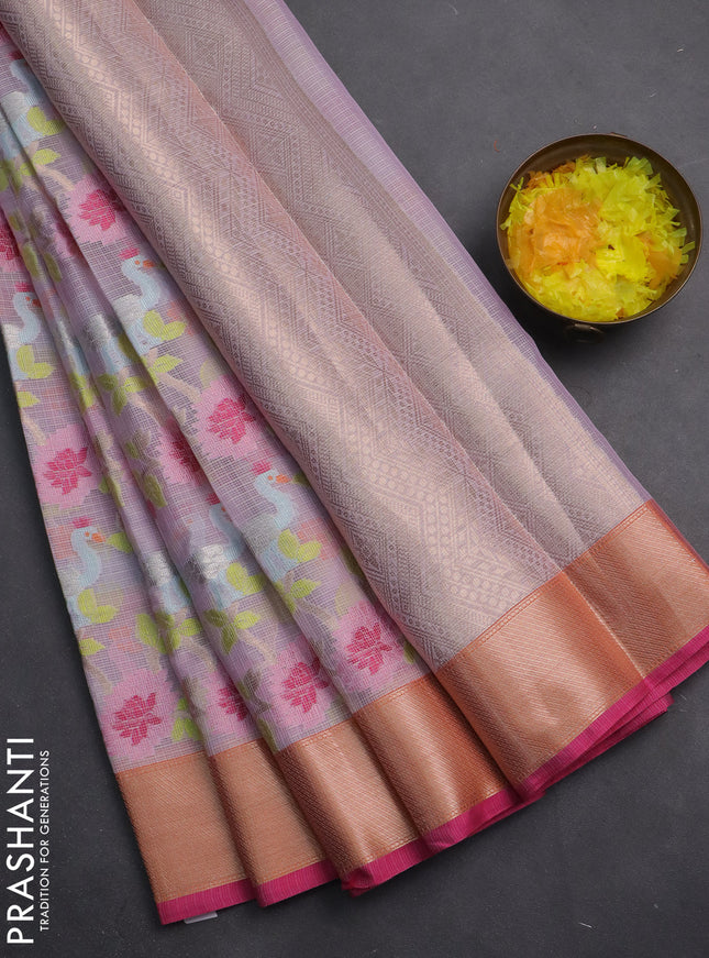 Cotton zari kota saree lavender and pink with allover thread & silver zari weaves and zari woven border