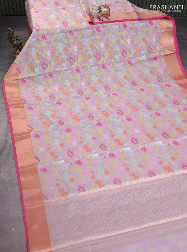 Cotton zari kota saree lavender and pink with allover thread & silver zari weaves and zari woven border