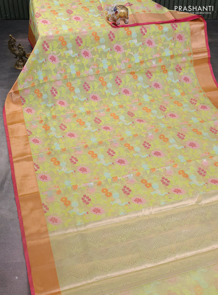 Cotton zari kota saree pista green and pink with allover thread & silver zari weaves and zari woven border