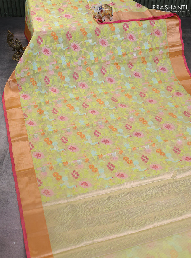 Cotton zari kota saree pista green and pink with allover thread & silver zari weaves and zari woven border