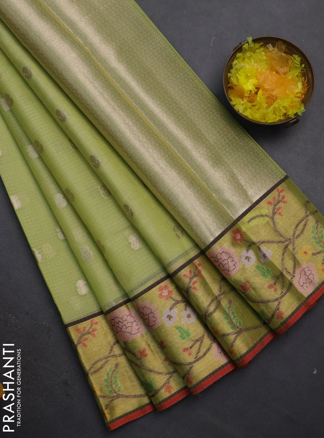 Cotton zari kota saree pista green and red with zari woven buttas and zari woven paithani style border
