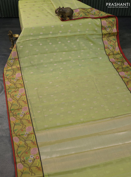 Cotton zari kota saree pista green and red with zari woven buttas and zari woven paithani style border
