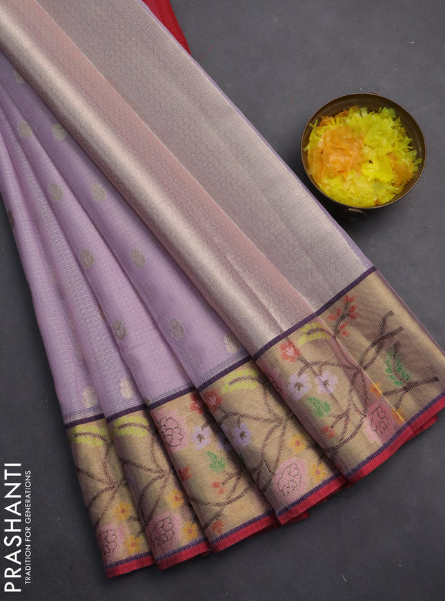 Cotton zari kota saree lavender and pink with zari woven buttas and zari woven paithani style border