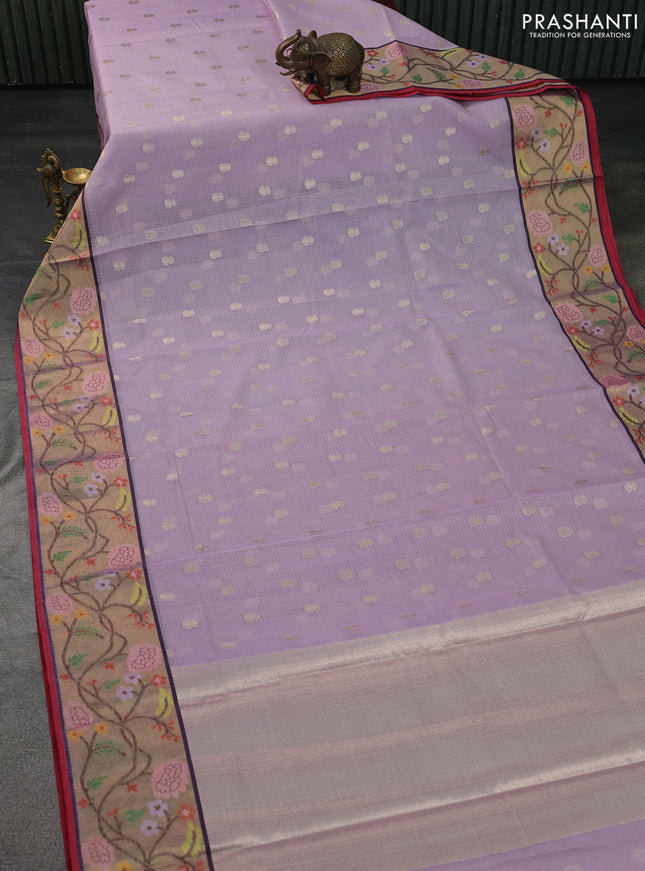 Cotton zari kota saree lavender and pink with zari woven buttas and zari woven paithani style border