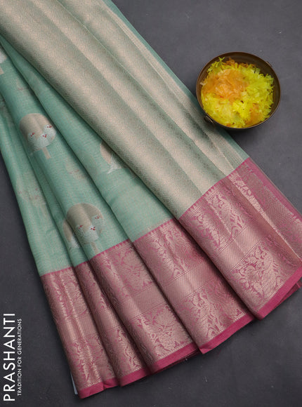 Cotton tissue zari kota saree teal green and pink with zari woven buttas and zari woven border