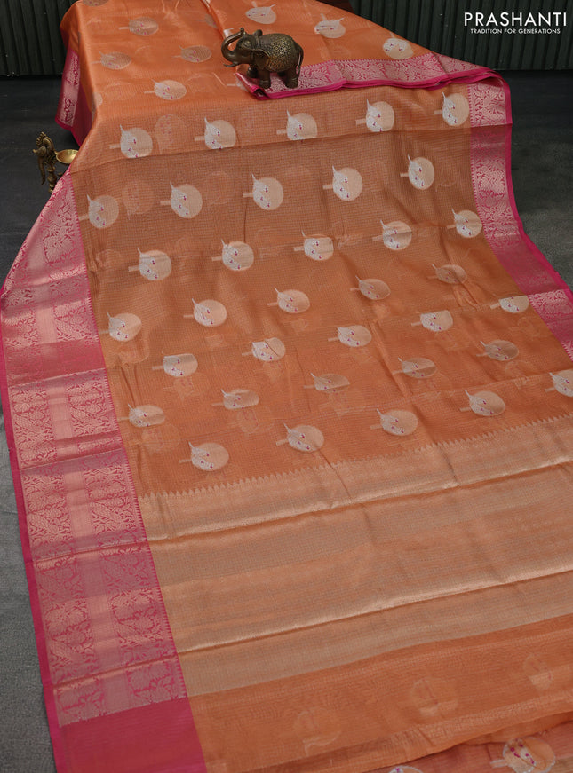 Cotton tissue zari kota saree orange and pink with zari woven buttas and zari woven border
