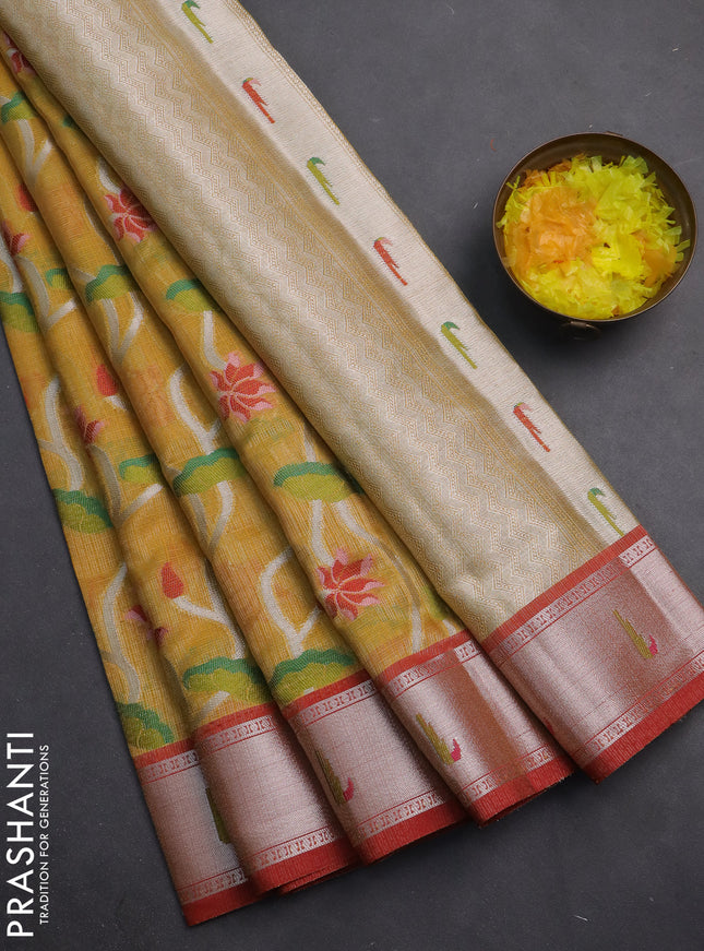 Cotton zari kota saree mustard yellow and red with allover thread & silver zari weaves and silver zari woven border