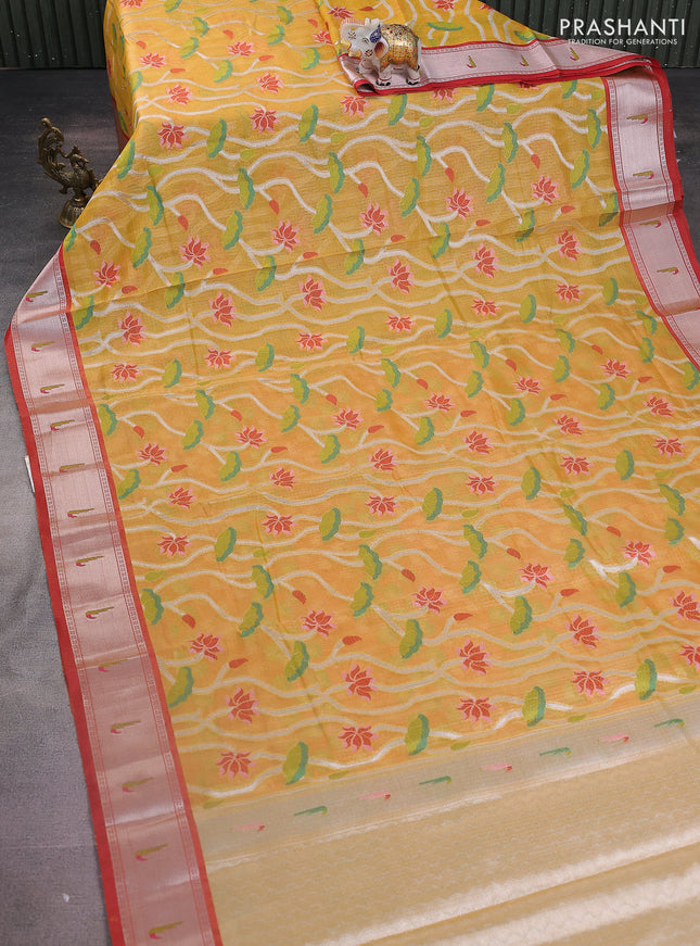 Cotton zari kota saree mustard yellow and red with allover thread & silver zari weaves and silver zari woven border