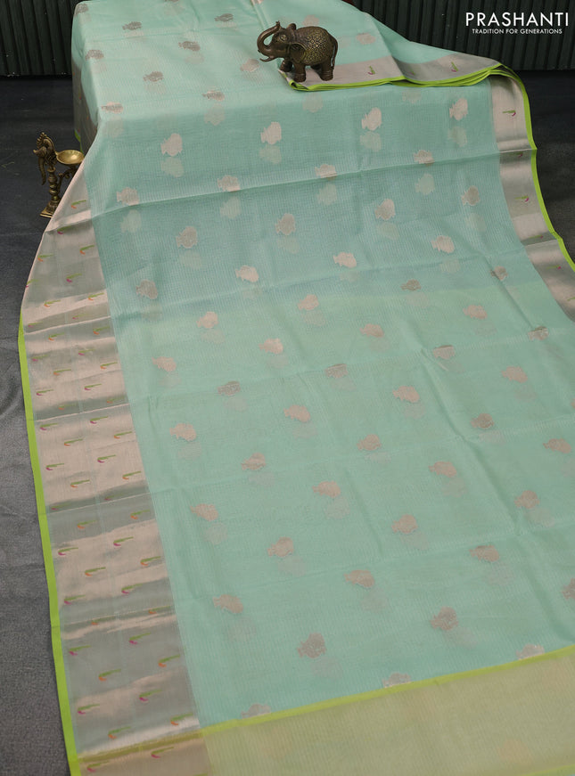 Cotton zari kota saree teal green and lime green with annam zari woven buttas and zari woven muniya butta border