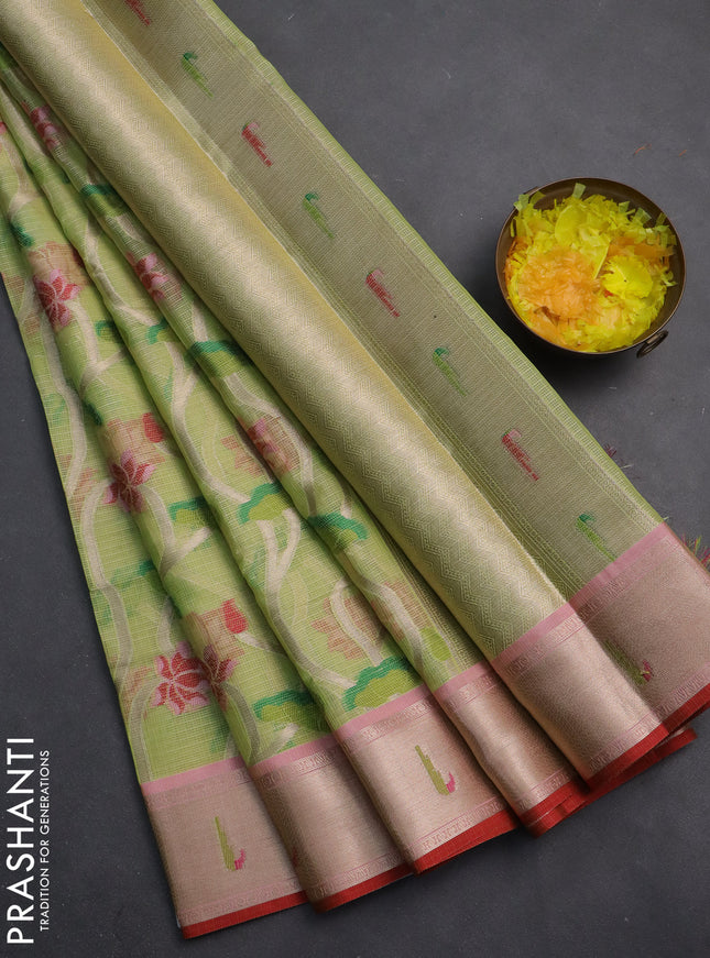 Cotton zari kota saree pista green and red with allover thread & zari weaves and muniya butta border