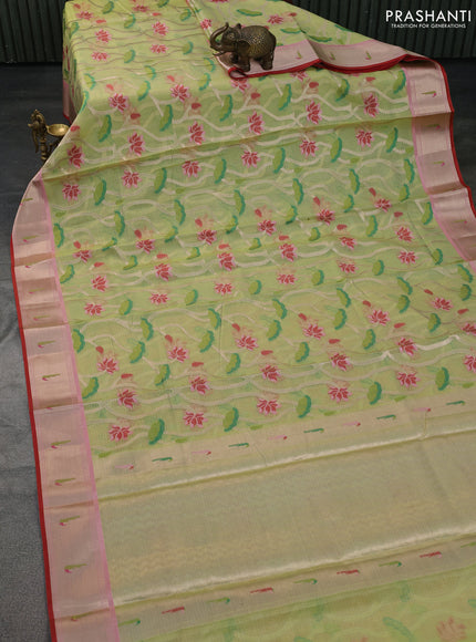 Cotton zari kota saree pista green and red with allover thread & zari weaves and muniya butta border