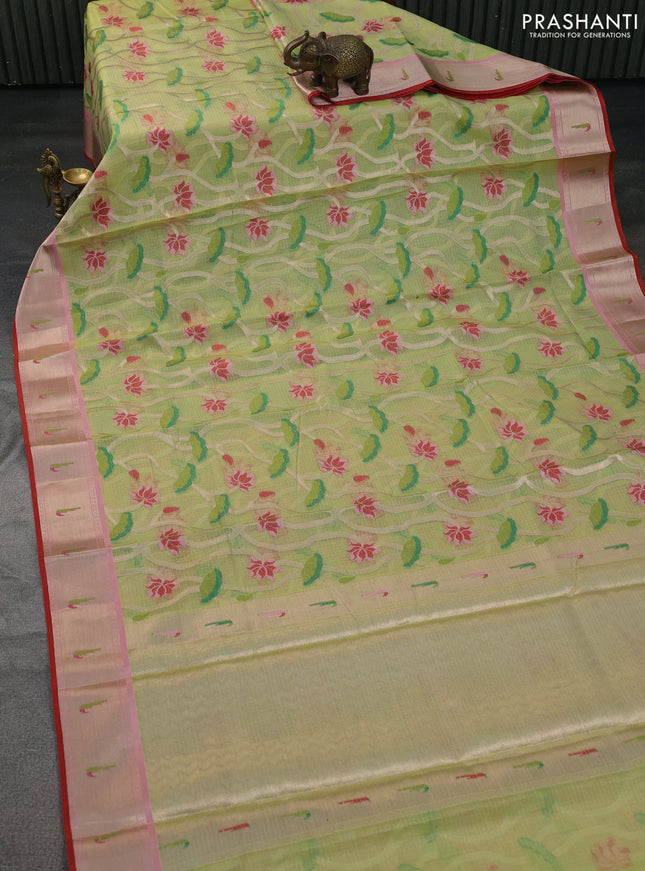 Cotton zari kota saree pista green and red with allover thread & zari weaves and muniya butta border