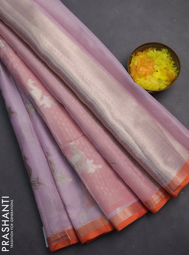 Cotton zari kota saree lavender shade and orange with zari woven buttas and zari woven border