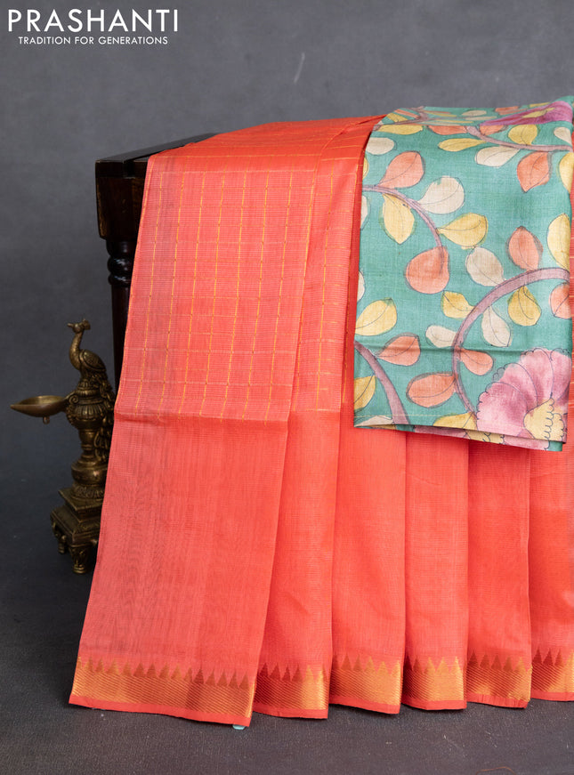 Mangalgiri silk cotton saree peach shade and green with allover zari checked pattern and zari woven border