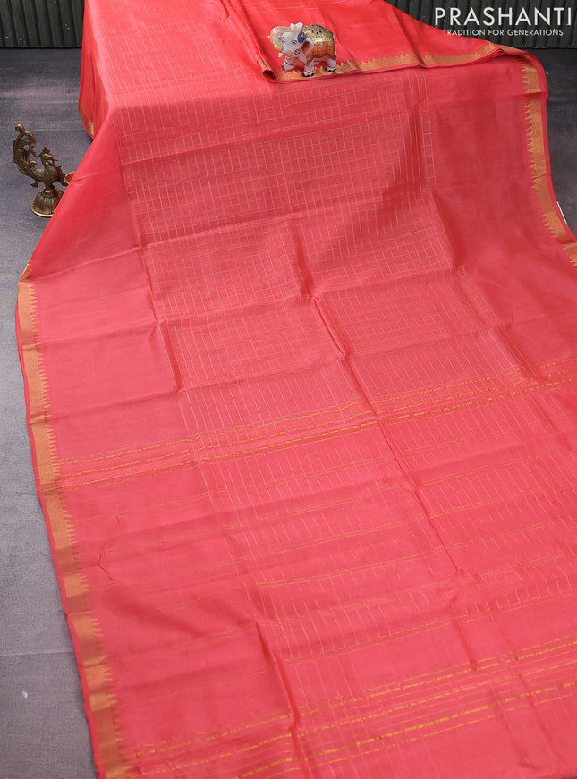Mangalgiri silk cotton saree peach shade and green with allover zari checked pattern and zari woven border