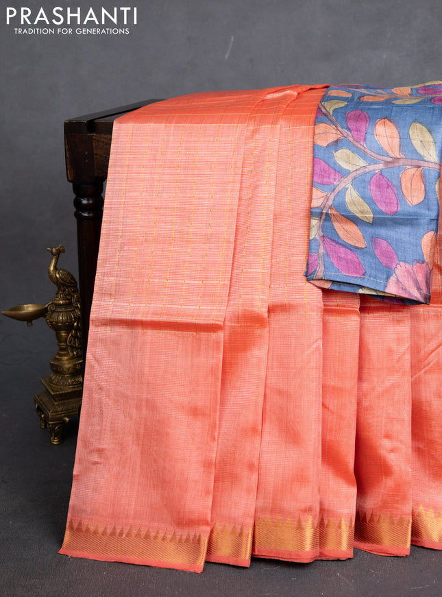Mangalgiri silk cotton saree peach orange and blue with allover zari checked pattern and zari woven border