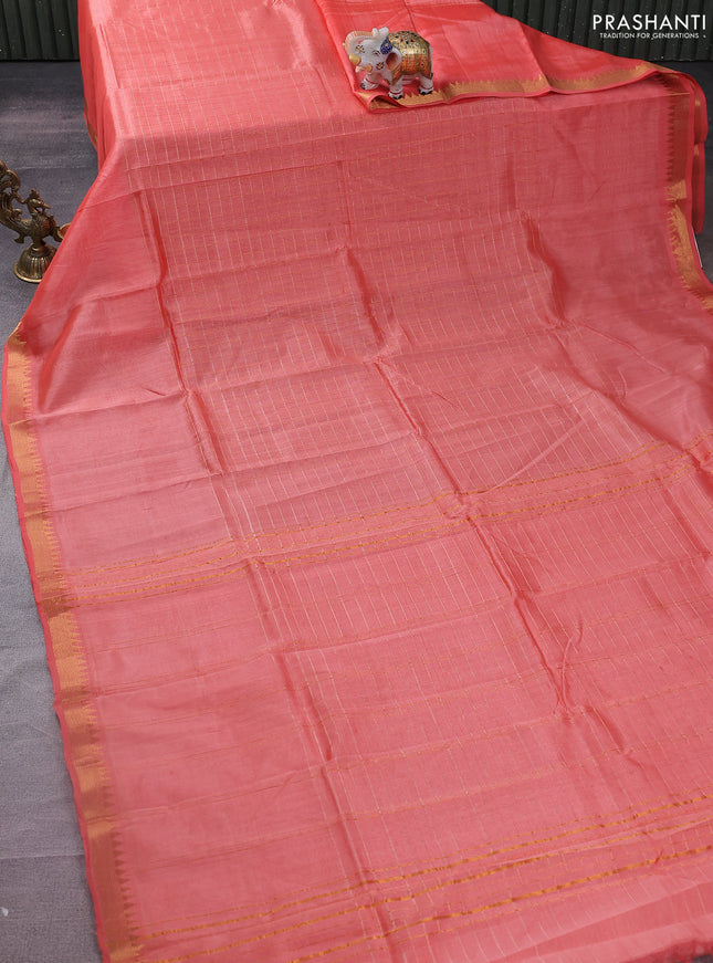 Mangalgiri silk cotton saree peach orange and blue with allover zari checked pattern and zari woven border