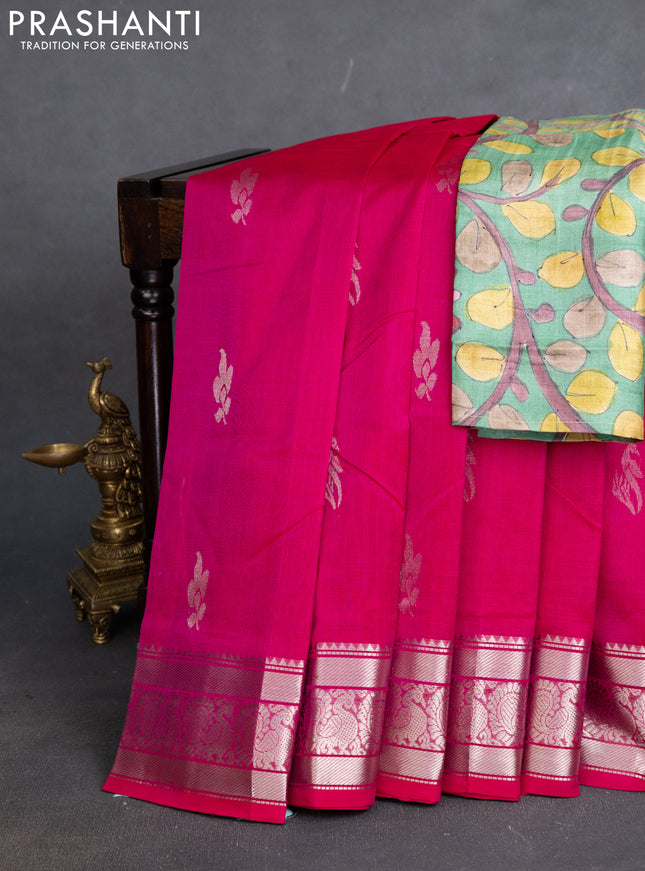 Mangalgiri silk cotton saree magenta pink and green shade with silver zari woven buttas and silver zari woven annam border