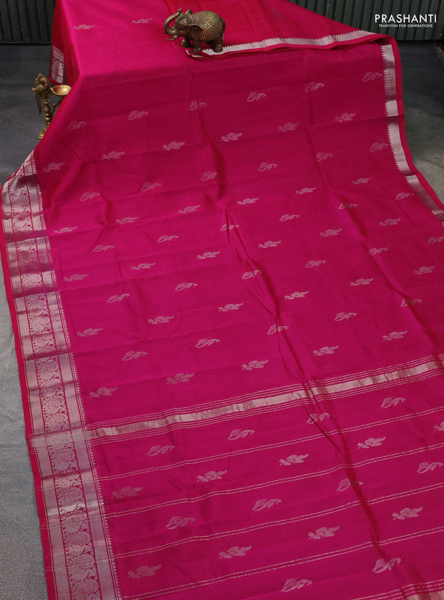 Mangalgiri silk cotton saree magenta pink and green shade with silver zari woven buttas and silver zari woven annam border